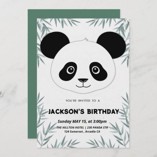 かわいいよくはしゃぐパンダをテーマにした誕生日 招待状 (正面/裏面)