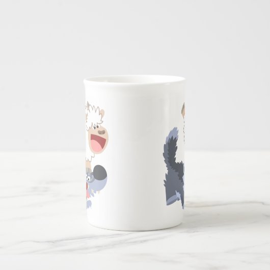 かわいいよくはしゃぐマンガの羊と狼の骨中国マグカップ ボーンチャイナマグカップ (正面)