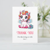 かわいいよくはしゃぐユニコーン赤ちゃんシャワー サンキューカード (スタンド正面)