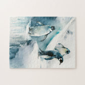 かわいいよくはしゃぐ水色ペンギン ジグソーパズル (横)