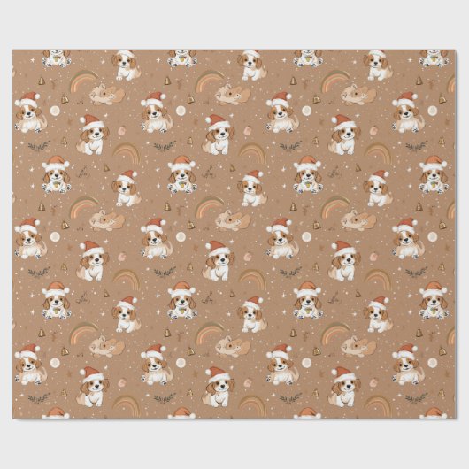 かわいいよくはしゃぐ犬と雪の結晶ベージュクリスマス ラッピングペーパー (フラット)