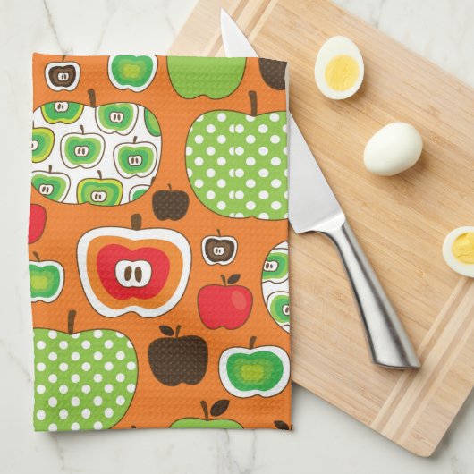 かわいいりんごのイラストレーションパターン キッチンタオル (四つ折り)