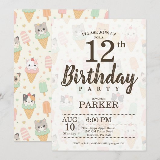 かわいいアイスクリームと猫の12歳の誕生日パーティー 招待状 (正面/裏面)