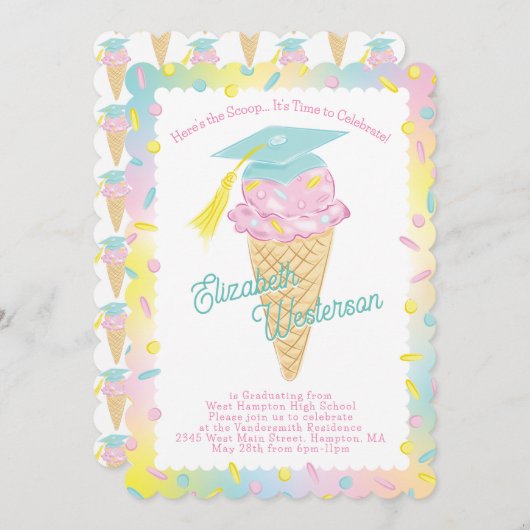 かわいいアイスクリームの卒業式パーティー 招待状 (正面/裏面)