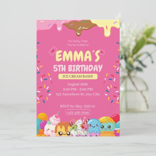 かわいいアイスクリームの誕生日パーティー招待状 招待状 (スタンド正面)