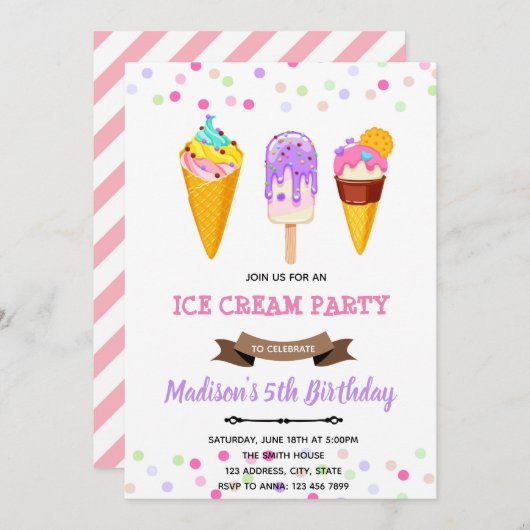かわいいアイスクリームの誕生日招待状 招待状 (正面/裏面)