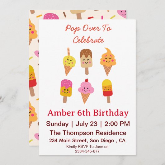 かわいいアイスクリームアンドポピックスバースデーパーティー 招待状 (正面/裏面)