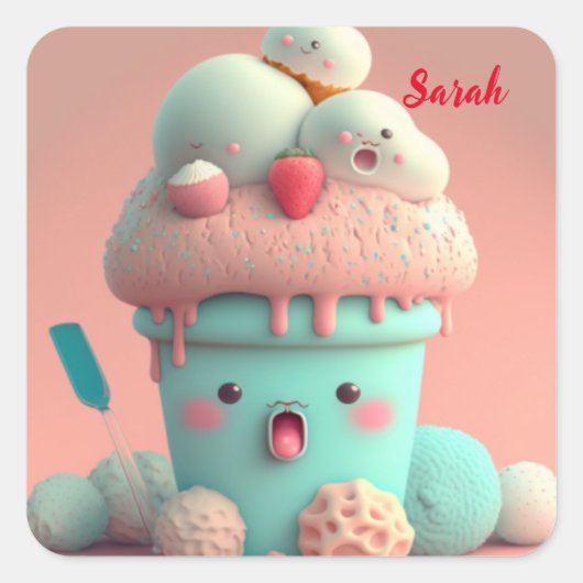 かわいいアイスクリームカップ スクエアシール (正面)
