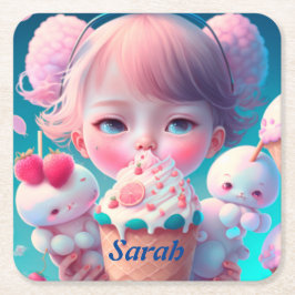 かわいいアイスクリームガール スクエアペーパーコースター