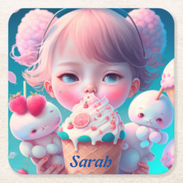 かわいいアイスクリームガール スクエアペーパーコースター