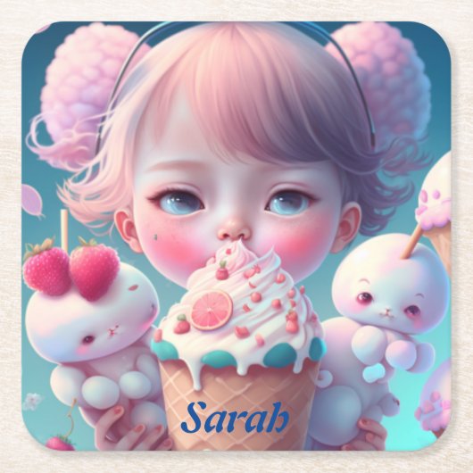 かわいいアイスクリームガール スクエアペーパーコースター (正面)