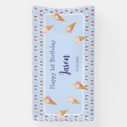 かわいいアイスクリームコーンブルーキッズボーイ誕生日 横断幕 (縦)
