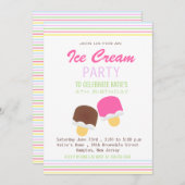 かわいいアイスクリームストライプと誕生日パーティー招待状 招待状 (正面/裏面)