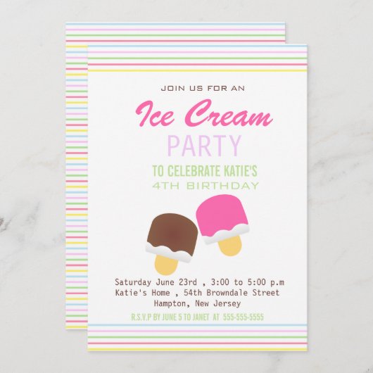 かわいいアイスクリームストライプと誕生日パーティー招待状 招待状 (正面/裏面)