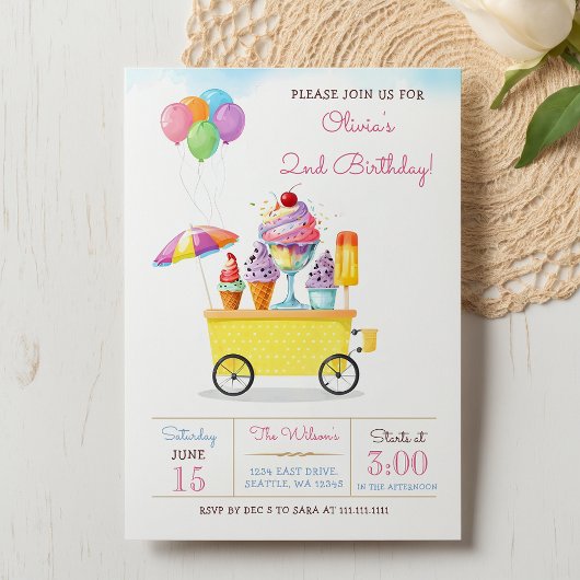 かわいいアイスクリームトラックの誕生日 招待状