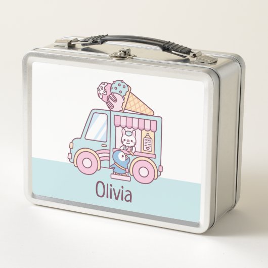 かわいいアイスクリームトラックバニーとペンギンの女の子の名前  メタルランチボックス (正面)