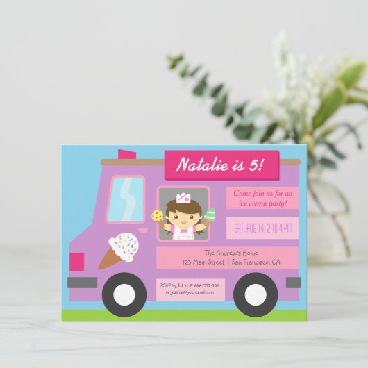 かわいいアイスクリームトラックバースデーパーティ招待状 招待状 (スタンド正面)