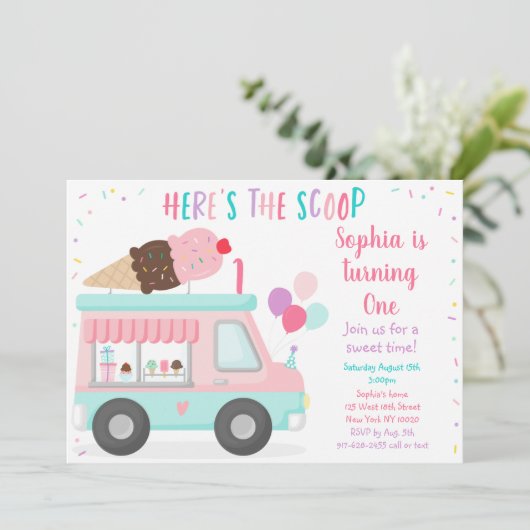 かわいいアイスクリームトラック誕生日 招待状 (スタンド正面)