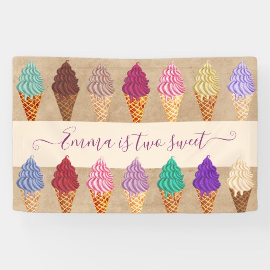 かわいいアイスクリームパーティーベビーガール2年誕生日 横断幕 (横)