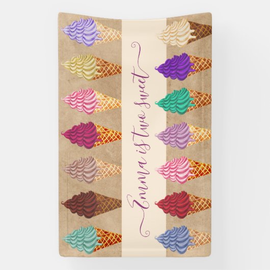 かわいいアイスクリームパーティーベビーガール2年誕生日 横断幕 (縦)