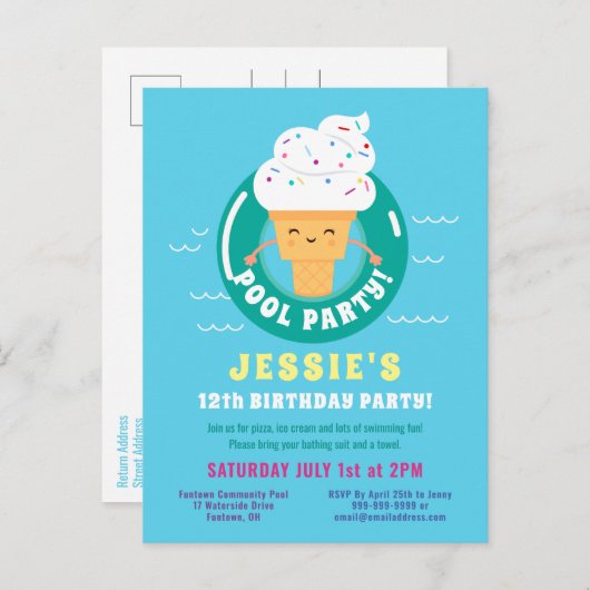かわいいアイスクリームプールパーティーキッズサマーバースデー インビテーションポストカード (正面/裏面)