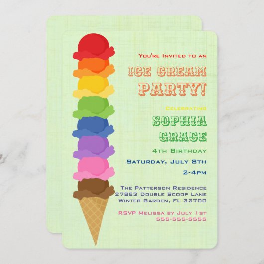 かわいいアイスクリーム子供の誕生日パーティの招待状 招待状 (正面/裏面)
