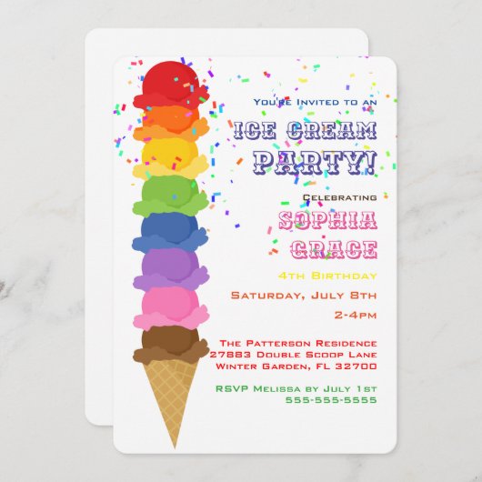 かわいいアイスクリーム子供の誕生日パーティの招待状 招待状 (正面/裏面)