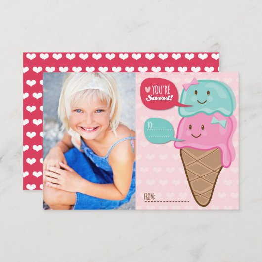 かわいいアイスクリーム教室キッズバレンタイン写真 招待状 (正面/裏面)