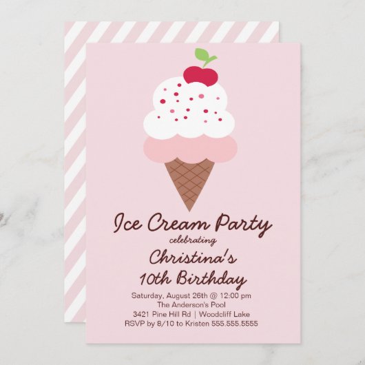 かわいいアイスクリーム誕生日パーティーの招待 招待状 (正面/裏面)