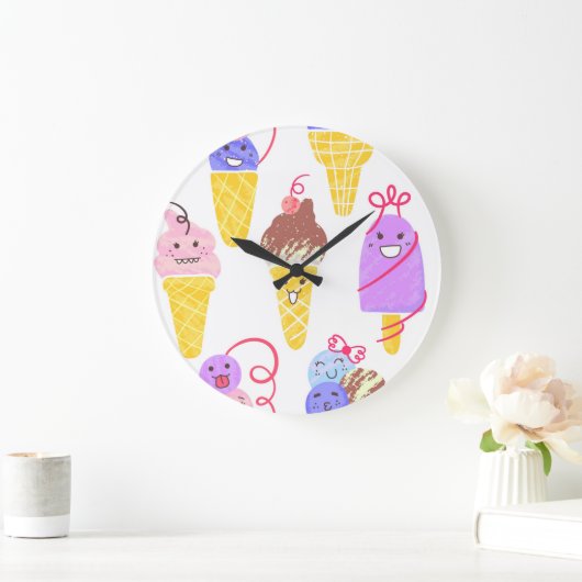 かわいいアイスクリーム、かわいい、シームレスなパターン。 ラージ壁時計 (ホーム)