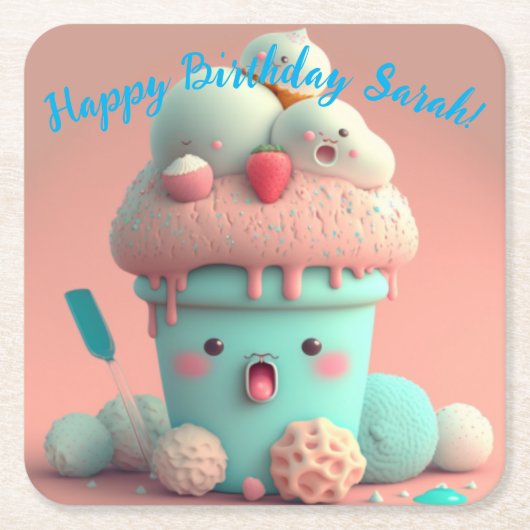 かわいいアイスクリーム スクエアペーパーコースター (正面)