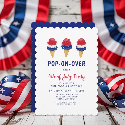 かわいいアイスクリーム 赤、白、青 4th of July 招待状