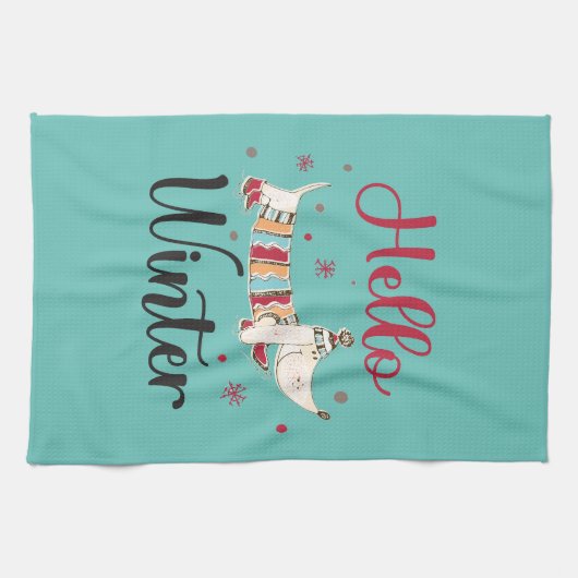 かわいいアイススケートで滑る犬 キッチンタオル (横)