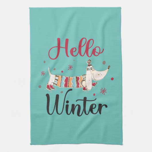 かわいいアイススケートで滑る犬 キッチンタオル (縦)