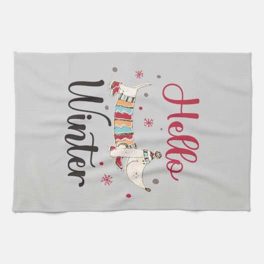 かわいいアイススケートで滑る犬 キッチンタオル (横)