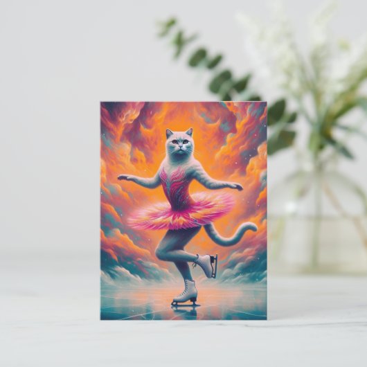 かわいいアイススケートで滑る猫 ポストカード (スタンド正面)