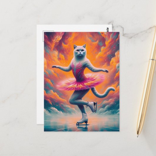 かわいいアイススケートで滑る猫 ポストカード (正面/裏面インサイチュ)