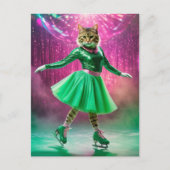 かわいいアイススケートで滑る猫inグリーン ポストカード (正面)