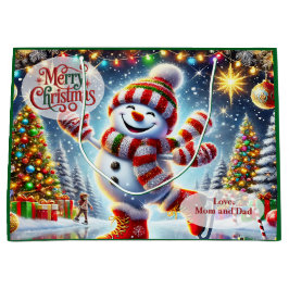 かわいいアイススケートの雪だるま クリスマス ラージペーパーバッグ