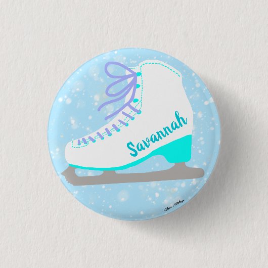 かわいいアイススケートブルーパーソナライズされた姿スケーター 缶バッジ (正面)