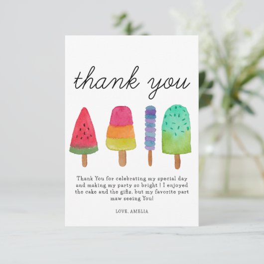 かわいいアイスポップの誕生日パーティーお礼カード サンキューカード (スタンド正面)