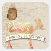 かわいいアイフクロウ水カラーディアバーンドウッド スクエアシール (正面)