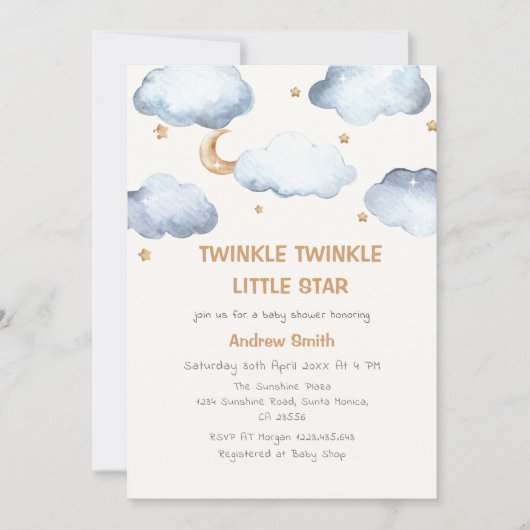 かわいいアイボリームーンスターズきらめく赤ちゃんシャワー 招待状 (正面)