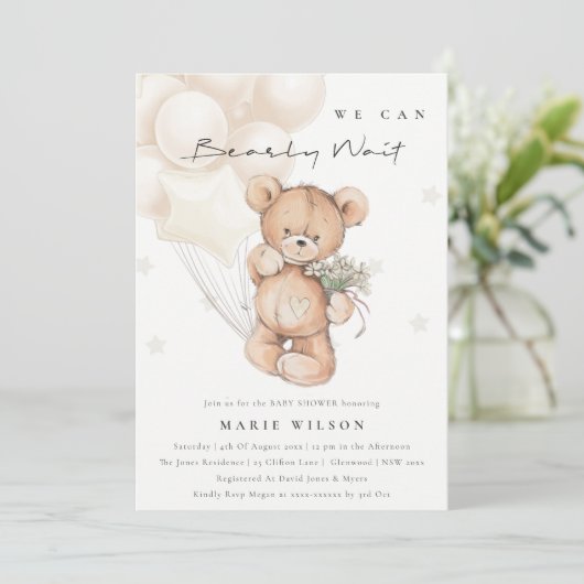 かわいいアイボリー心待ちバルーンベイビーシャワー招待状 サンキューカード (スタンド正面)