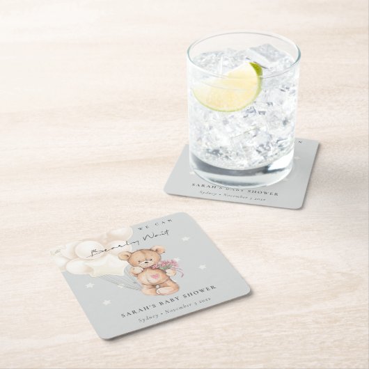 かわいいアイボリーbearly待ちクマ気球ベビーシャワー スクエアペーパーコースター (インサイチュ)