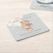 かわいいアイボリーbearly待ちクマ気球ベビーシャワー スクエアペーパーコースター (アングル)