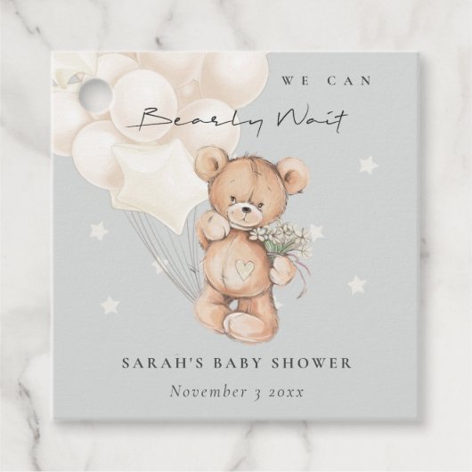 かわいいアイボリーbearly待ちクマ気球ベビーシャワー フェイバータグ (正面)