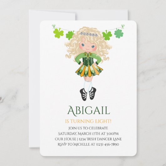 かわいいアイリッシュダンスブロンドガールシャームロック誕生日 招待状 (正面)