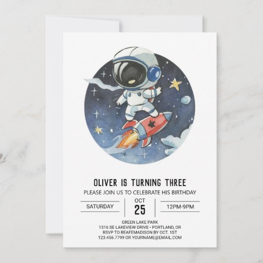 かわいいアウタースペースデジタル宇宙飛行士ボーイ誕生日 招待状 (正面)