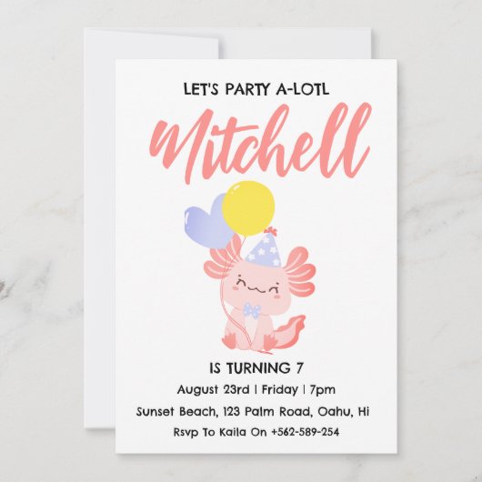 かわいいアキソロトル誕生日アキソロトル誕生日招待状 招待状 (正面)